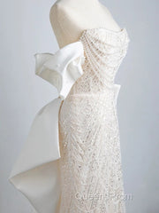 Unique Mermaid Off The Shoulder Short Sleeves Long White Sequin Wedding Dress