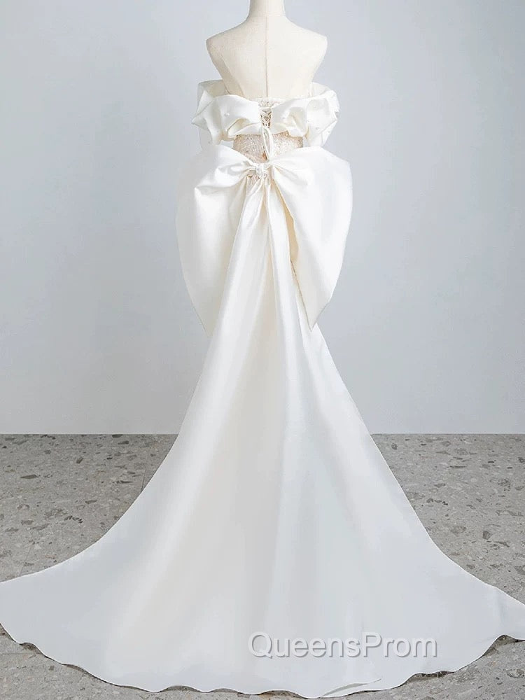 Unique Mermaid Off The Shoulder Short Sleeves Long White Sequin Wedding Dress