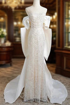 Unique Mermaid Off The Shoulder Short Sleeves Long White Sequin Wedding Dress