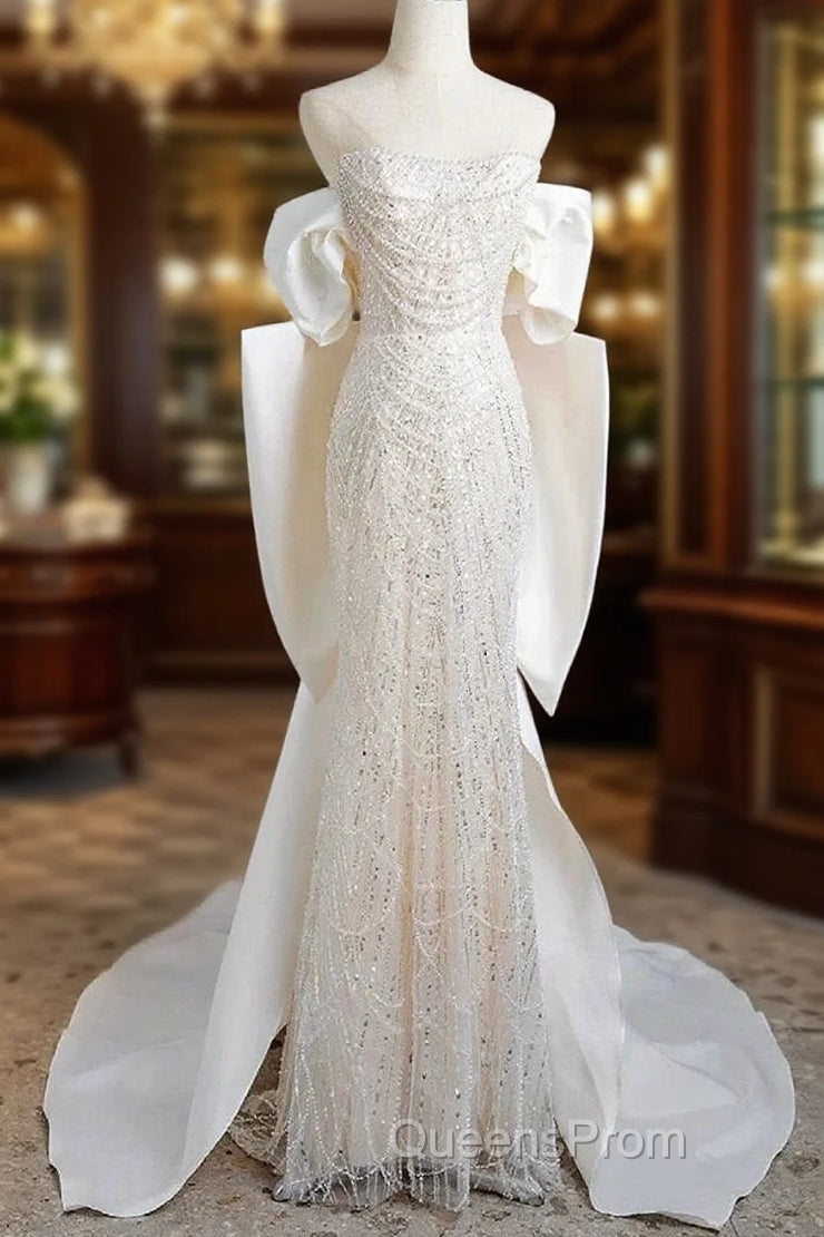 Unique Mermaid Off The Shoulder Short Sleeves Long White Sequin Wedding Dress