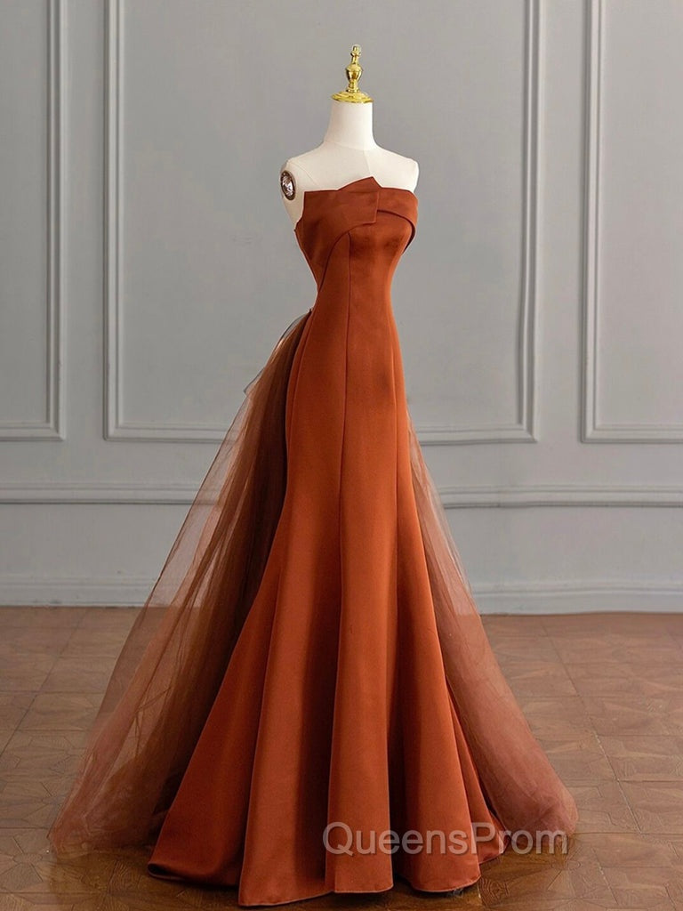 Unique Mermaid Satin Brown Long Evening Prom Dress, Brown Long Evening Dress