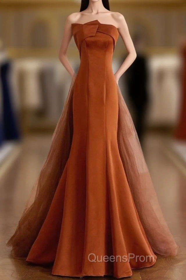 Unique Mermaid Satin Brown Long Evening Prom Dress, Brown Long Evening Dress Main image