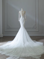 Unique Mermaid Scoop Neckline Long Sleeves Wedding Dress White Brides Dress