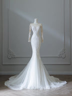 Unique Mermaid Scoop Neckline Long Sleeves Wedding Dress White Brides Dress