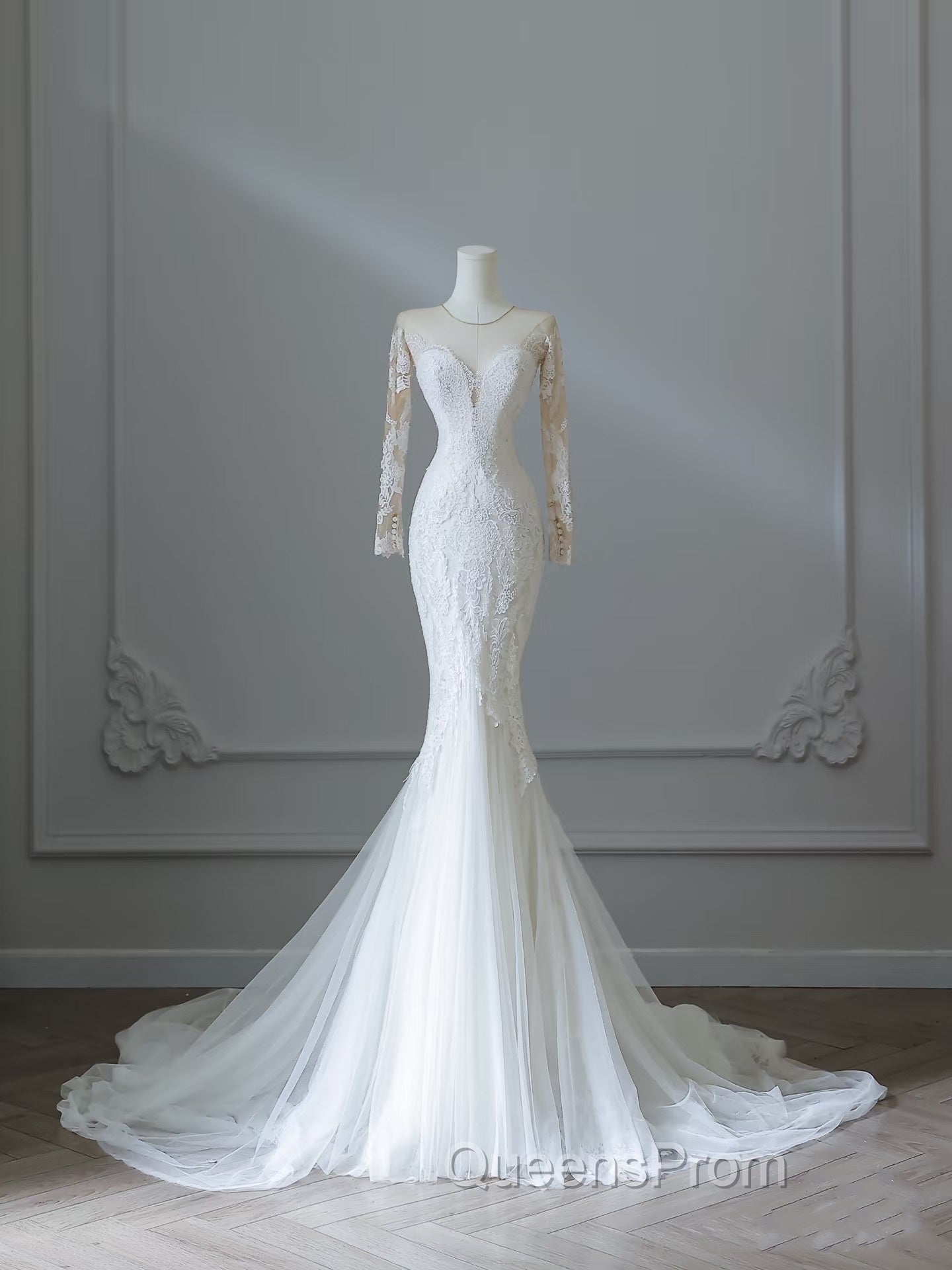 Unique Mermaid Scoop Neckline Long Sleeves Wedding Dress White Brides Dress
