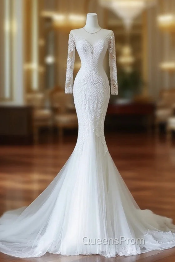 Unique Mermaid Scoop Neckline Long Sleeves Wedding Dress White Brides Dress Main image
