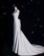 Unique Mermaid Spaghetti Straps Satin White Wedding Dress Brides Dress