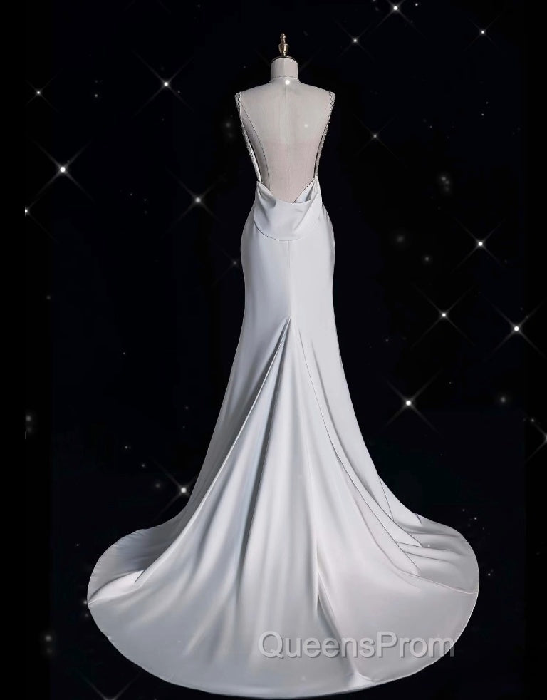 Unique Mermaid Spaghetti Straps Satin White Wedding Dress Brides Dress