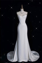 Unique Mermaid Spaghetti Straps Satin White Wedding Dress Brides Dress