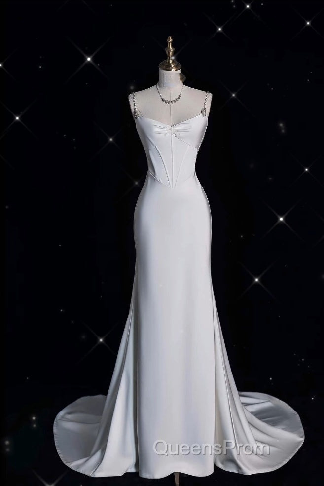 Unique Mermaid Spaghetti Straps Satin White Wedding Dress Brides Dress