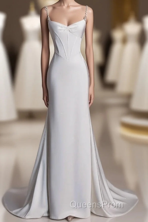 Unique Mermaid Spaghetti Straps Satin White Wedding Dress Brides Dress Main image