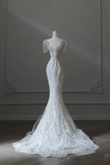 Unique Mermaid Square Neckline Short Sleeves Wedding Dress White Brides Dress