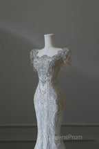 Unique Mermaid Square Neckline Short Sleeves Wedding Dress White Brides Dress