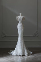 Unique Mermaid Square Neckline Short Sleeves Wedding Dress White Brides Dress