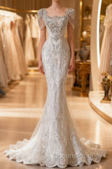 Unique Mermaid Square Neckline Short Sleeves Wedding Dress White Brides Dress