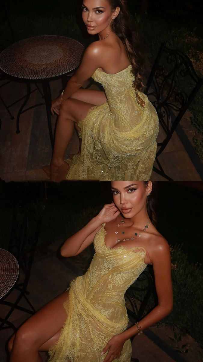 Unique Mermaid Sweetheart Yellow Lace Slit Classy Prom Dress Long Party Dress 21St Birthday Outfits Graduation Dress
