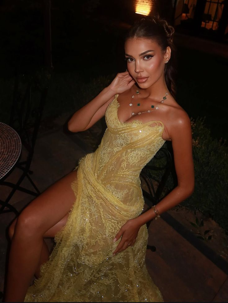 Unique Mermaid Sweetheart Yellow Lace Slit Classy Prom Dress Long Party Dress 21St Birthday Outfits Graduation Dress
