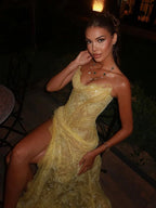 Unique Mermaid Sweetheart Yellow Lace Slit Classy Prom Dress Long Party Dress 21St Birthday Outfits Graduation Dress