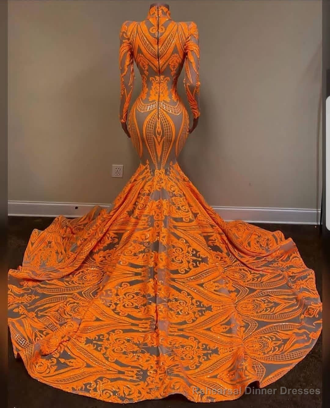 Unique Orange Long Sleeves Mermaid Prom Dress Sequins Main image
