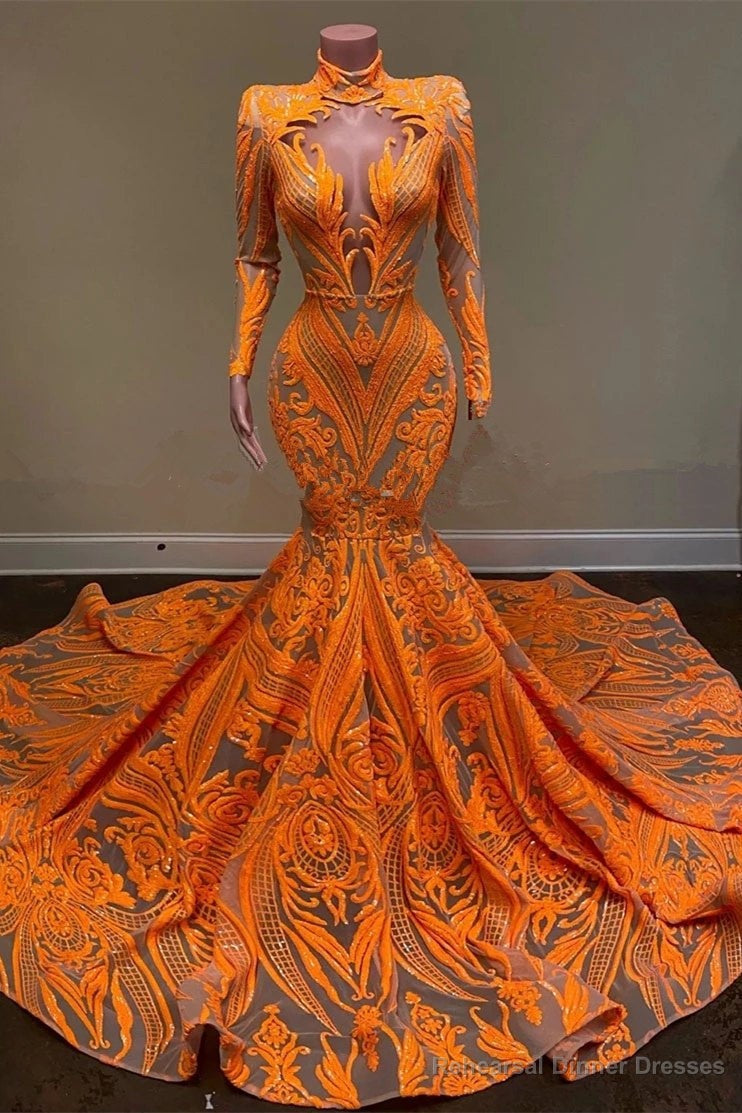 Unique Orange Long Sleeves Mermaid Prom Dress Sequins