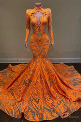 Unique Orange Long Sleeves Mermaid Prom Dress Sequins
