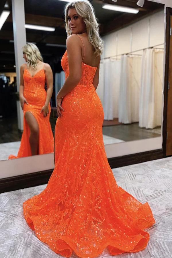 Orange Fashion Unique V-Neck Dress Long Lace Mermaid Slim Fit Slit Ball Gown Classy Evening Dress Secondary image