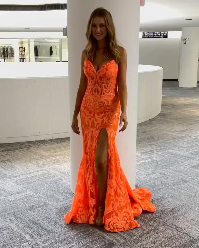 Orange Fashion Unique V-Neck Dress Long Lace Mermaid Slim Fit Slit Ball Gown Classy Evening Dress