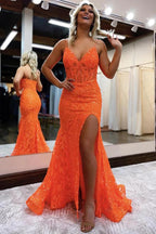 Orange Fashion Unique V-Neck Dress Long Lace Mermaid Slim Fit Slit Ball Gown Classy Evening Dress