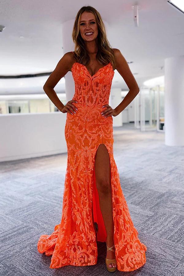 Orange Fashion Unique V-Neck Dress Long Lace Mermaid Slim Fit Slit Ball Gown Classy Evening Dress Main image