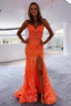 Orange Fashion Unique V-Neck Dress Long Lace Mermaid Slim Fit Slit Ball Gown Classy Evening Dress