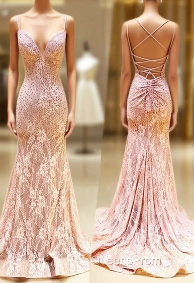 Unique Pink Long Mermaid Open Back Lace Dress, Senior Evening Prom Dress