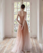 Unique Pink Tulle Long Prom Dress, Tulle Pink Evening Dress
