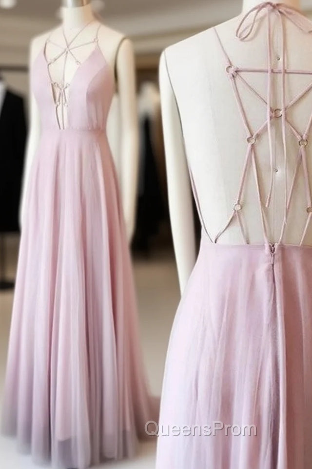 Unique Pink V Neck Long Evening Prom Dress, Pink Evening Dress Main image