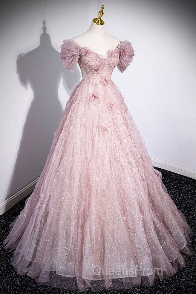 Unique Powder Blusher Pink Glitter Sequins Off Shoulder Rhinestone Applique Short Sleeve Evening Prom Dress Powder Blusher Pink A-Line Princess Backless Strap Long Evening Dress Secondary image