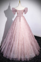 Unique Powder Blusher Pink Glitter Sequins Off Shoulder Rhinestone Applique Short Sleeve Evening Prom Dress Powder Blusher Pink A-Line Princess Backless Strap Long Evening Dress