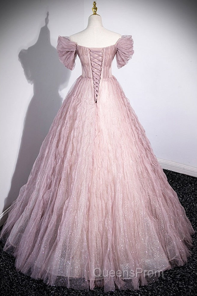Unique Powder Blusher Pink Glitter Sequins Off Shoulder Rhinestone Applique Short Sleeve Evening Prom Dress Powder Blusher Pink A-Line Princess Backless Strap Long Evening Dress