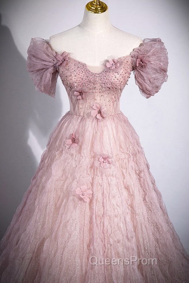 Unique Powder Blusher Pink Glitter Sequins Off Shoulder Rhinestone Applique Short Sleeve Evening Prom Dress Powder Blusher Pink A-Line Princess Backless Strap Long Evening Dress