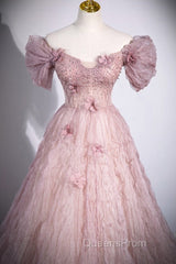 Unique Powder Blusher Pink Glitter Sequins Off Shoulder Rhinestone Applique Short Sleeve Evening Prom Dress Powder Blusher Pink A-Line Princess Backless Strap Long Evening Dress