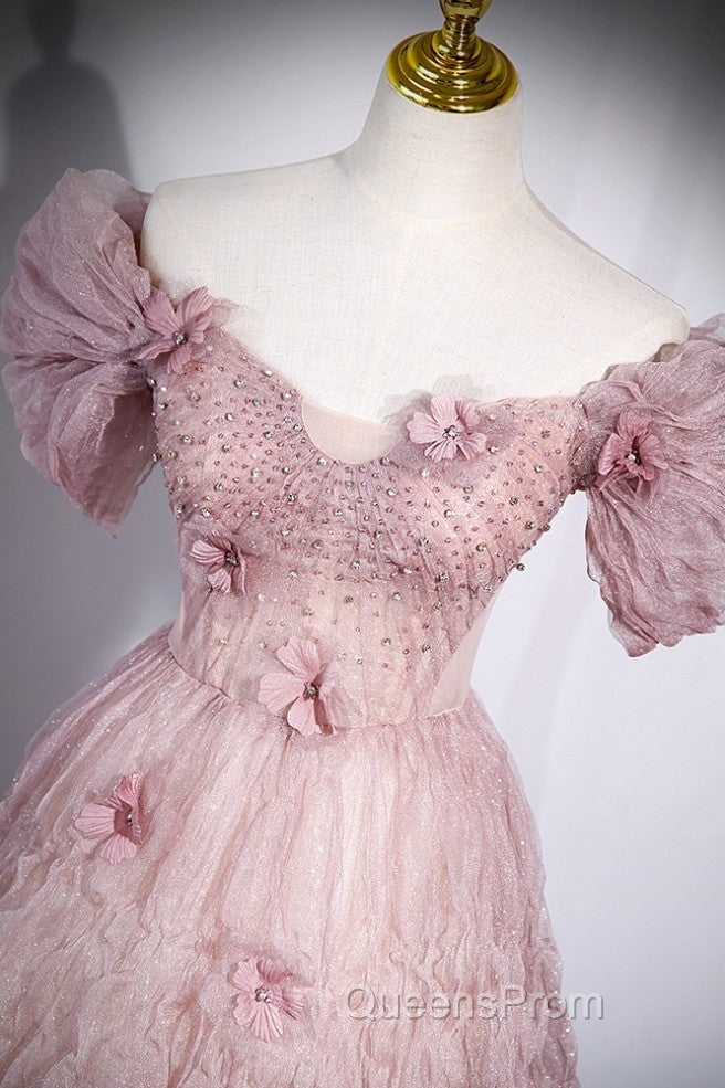 Unique Powder Blusher Pink Glitter Sequins Off Shoulder Rhinestone Applique Short Sleeve Evening Prom Dress Powder Blusher Pink A-Line Princess Backless Strap Long Evening Dress