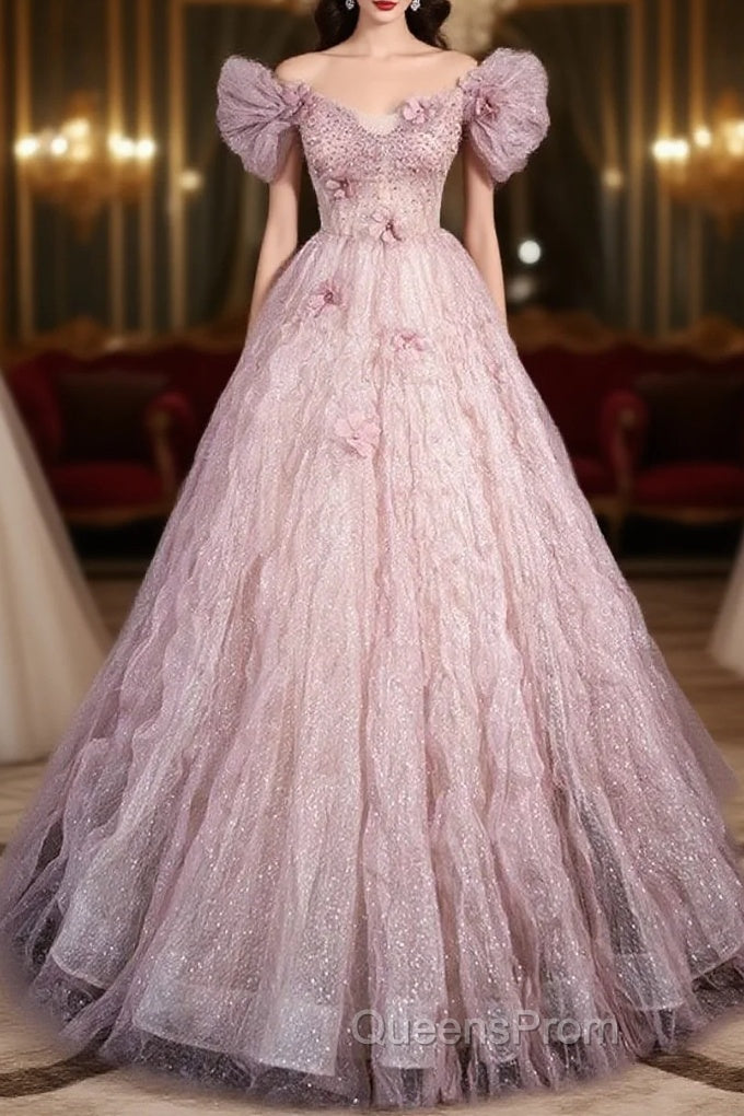 Unique Powder Blusher Pink Glitter Sequins Off Shoulder Rhinestone Applique Short Sleeve Evening Prom Dress Powder Blusher Pink A-Line Princess Backless Strap Long Evening Dress Main image