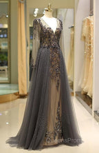 Unique Evening Prom Dress Long Sleeves Tulle V-Neck Neckline Floor-Length A-Line,Evening Dress, Evening Dress