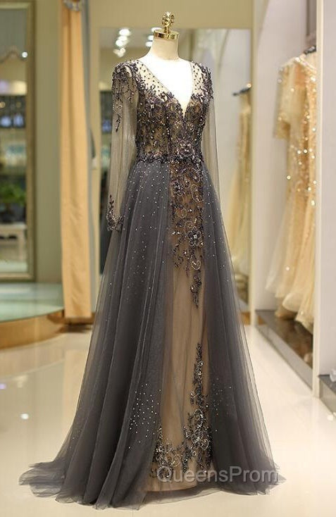 Unique Evening Prom Dress Long Sleeves Tulle V-Neck Neckline Floor-Length A-Line,Evening Dress, Evening Dress