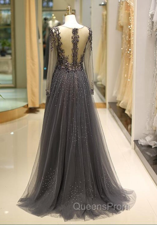 Unique Evening Prom Dress Long Sleeves Tulle V-Neck Neckline Floor-Length A-Line,Evening Dress, Evening Dress