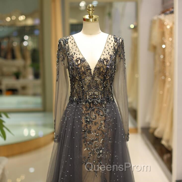 Unique Evening Prom Dress Long Sleeves Tulle V-Neck Neckline Floor-Length A-Line,Evening Dress, Evening Dress