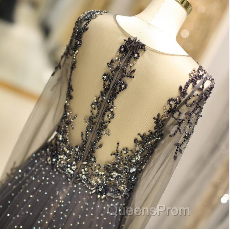 Unique Evening Prom Dress Long Sleeves Tulle V-Neck Neckline Floor-Length A-Line,Evening Dress, Evening Dress