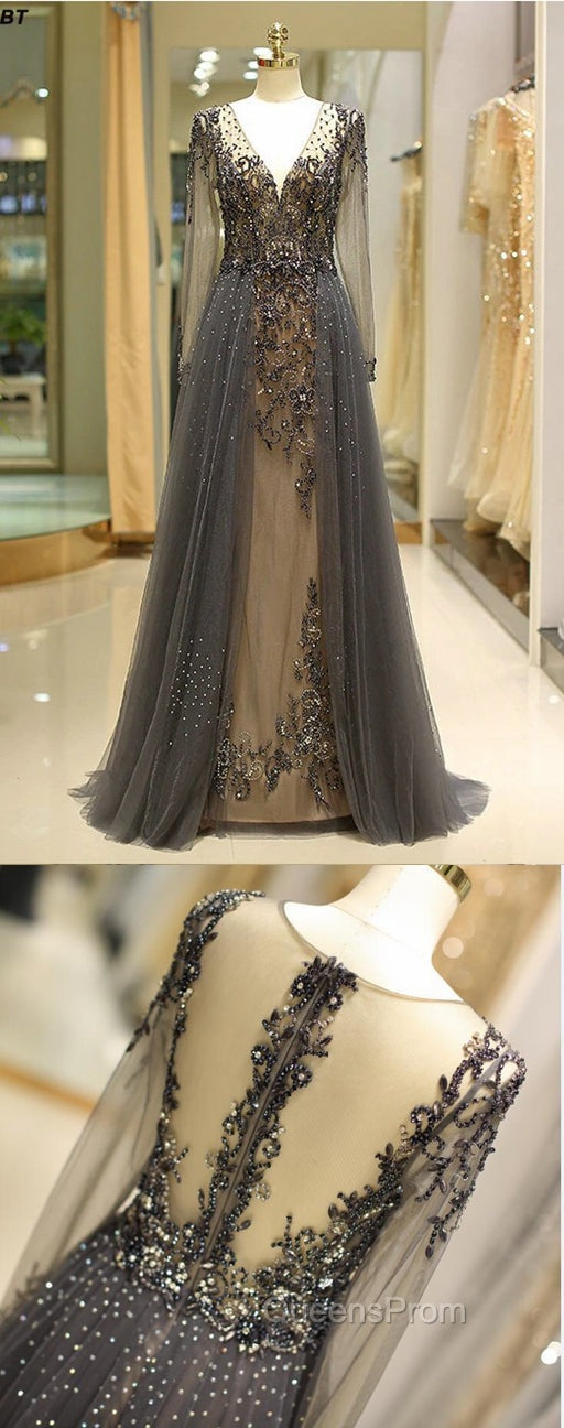 Unique Evening Prom Dress Long Sleeves Tulle V-Neck Neckline Floor-Length A-Line,Evening Dress, Evening Dress