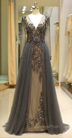 Unique Evening Prom Dress Long Sleeves Tulle V-Neck Neckline Floor-Length A-Line,Evening Dress, Evening Dress