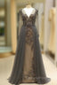 Unique Evening Prom Dress Long Sleeves Tulle V-Neck Neckline Floor-Length A-Line,Evening Dress, Evening Dress