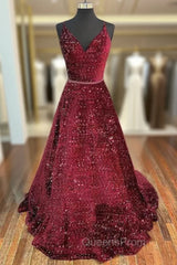 Unique Evening Prom Dress, A-line V Neck Spaghetti Straps Long/Floor-Length Velvet Sequins Evening Prom Dress With Beading