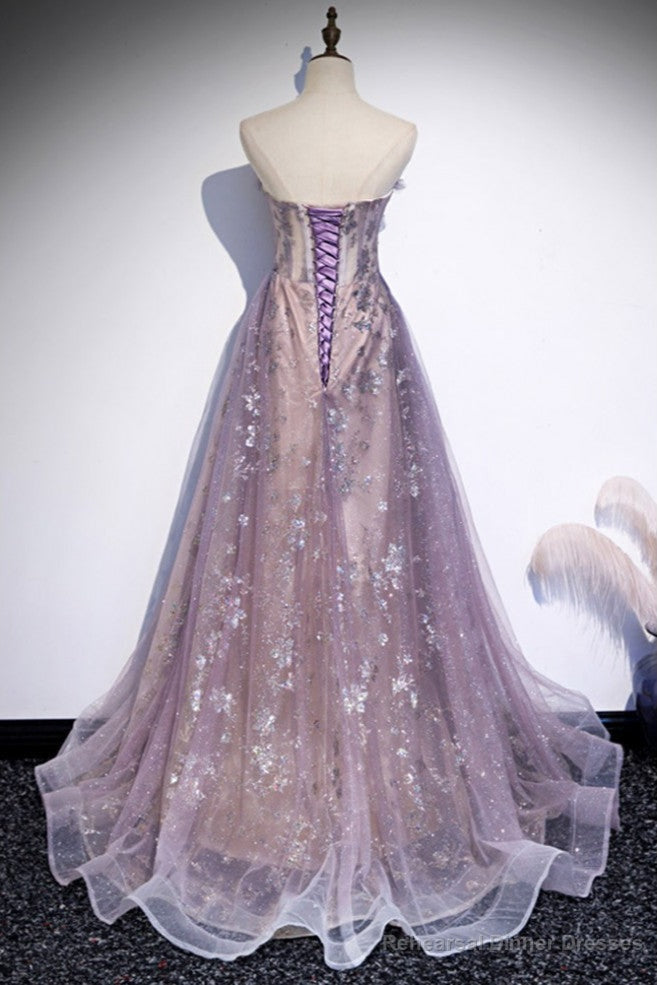 Unique Purple Tulle Prom Dress with Sparkly Sequins
